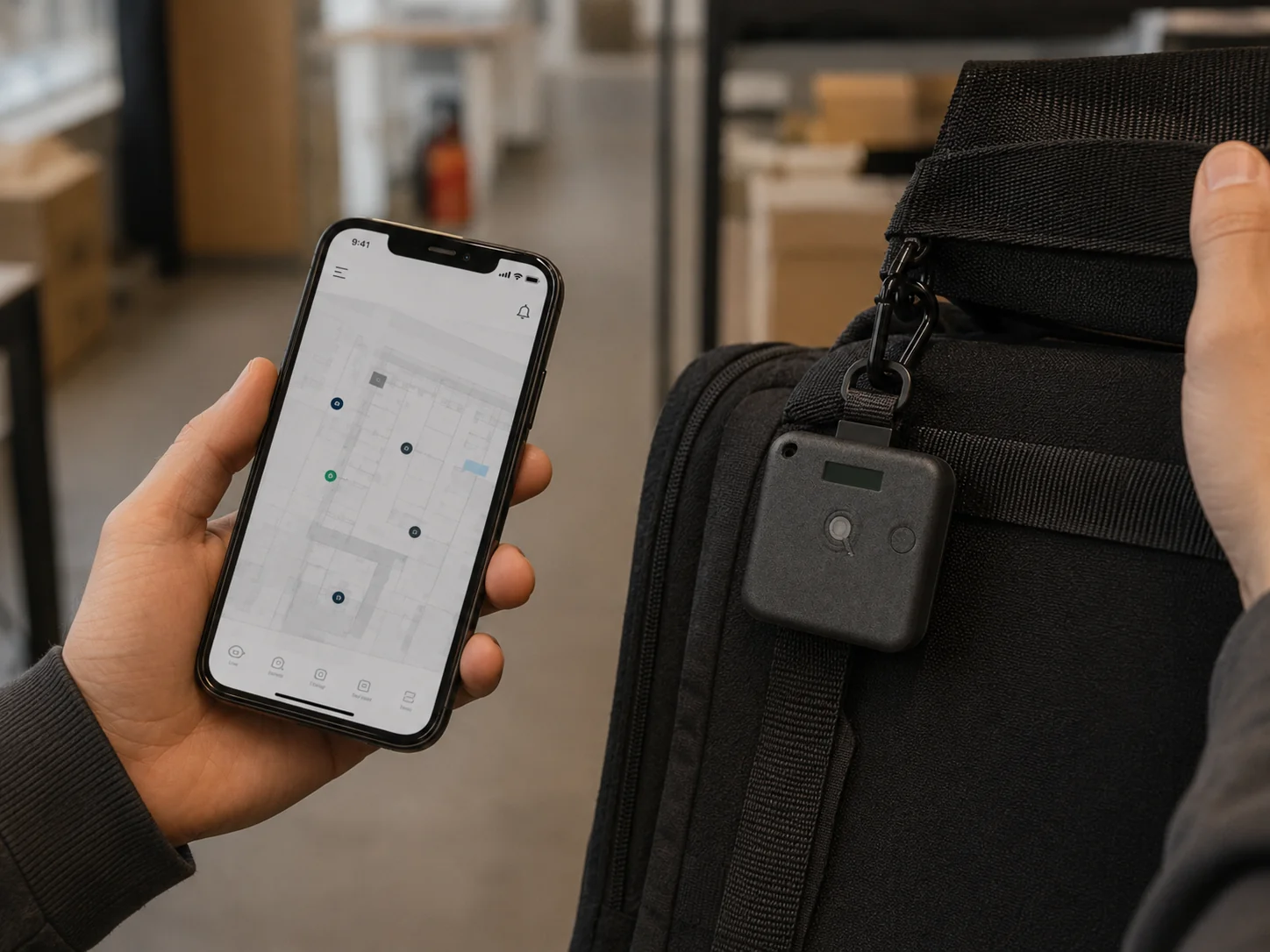UWB tracking tag clipped to a backpack with indoor positioning app